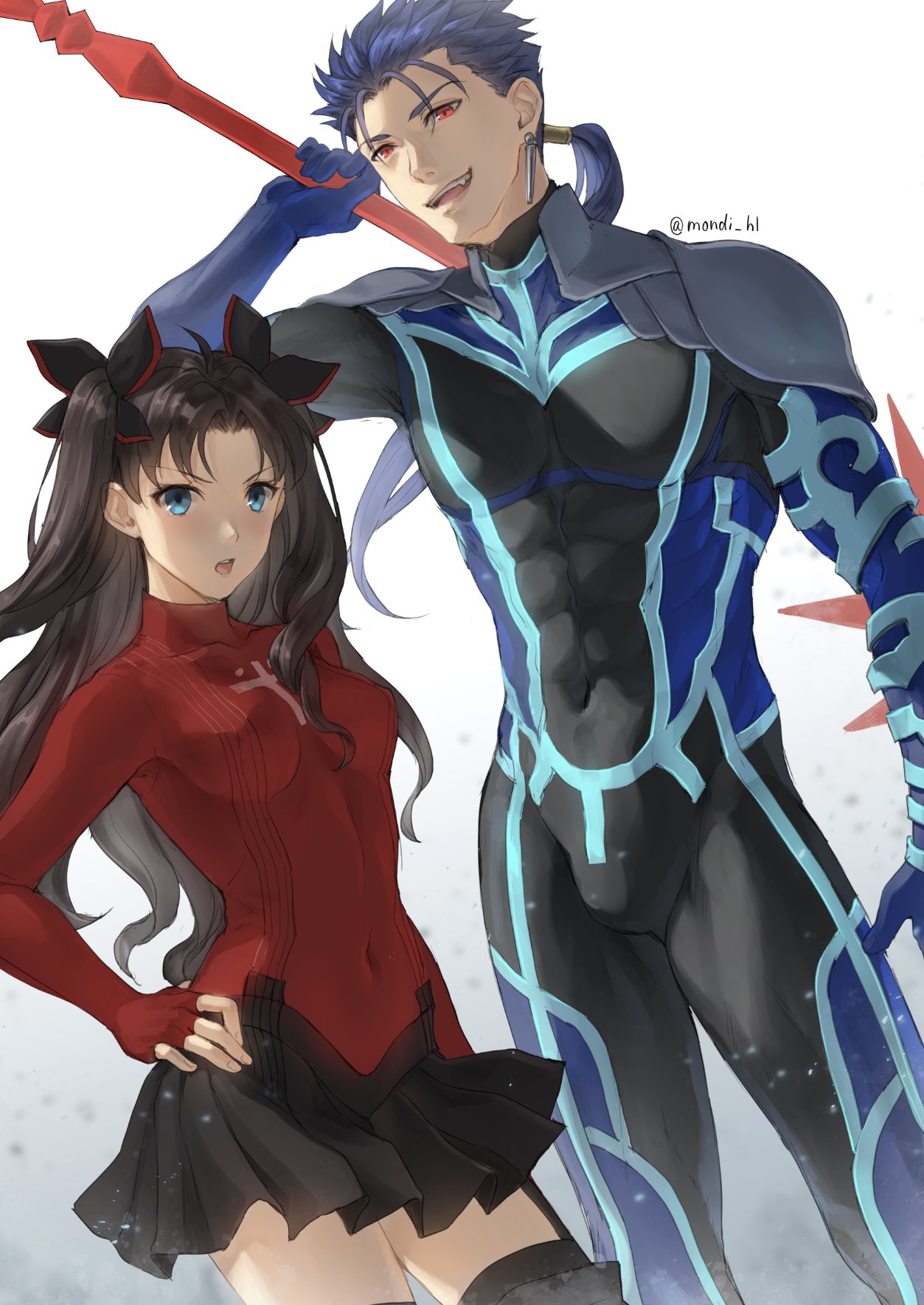 1boy 1girl alternate_costume bangs black_bodysuit black_skirt blue_bodysuit blue_hair bodysuit commentary_request contrapposto covered_abs covered_collarbone covered_navel cowboy_shot cu_chulainn_(fate)_(all) cu_chulainn_(fate/stay_night) fangs fate/stay_night fate_(series) fingerless_gloves gae_bolg_(fate) gloves gradient gradient_background grey_background hair_ribbon hand_on_hip hand_up highres long_hair long_sleeves mondi_hl multicolored multicolored_bodysuit multicolored_clothes open_mouth parted_bangs polearm ponytail red_eyes ribbon shoulder_plates simple_background skirt spear thigh-highs tohsaka_rin two_side_up weapon white_background zettai_ryouiki