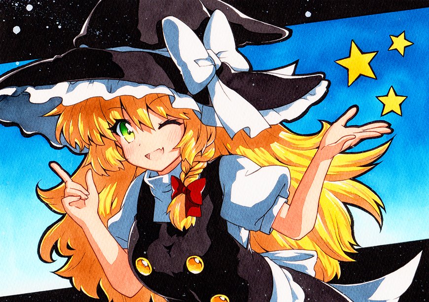 1girl ;d bangs black_headwear black_vest blonde_hair bow braid buttons eyebrows_visible_through_hair fang green_eyes hair_bow hat hat_bow kirisame_marisa long_hair looking_at_viewer one_eye_closed open_mouth petticoat puffy_short_sleeves puffy_sleeves qqqrinkappp red_bow shirt short_sleeves side_braid single_braid skin_fang smile solo star_(symbol) touhou traditional_media upper_body vest white_bow white_shirt witch_hat