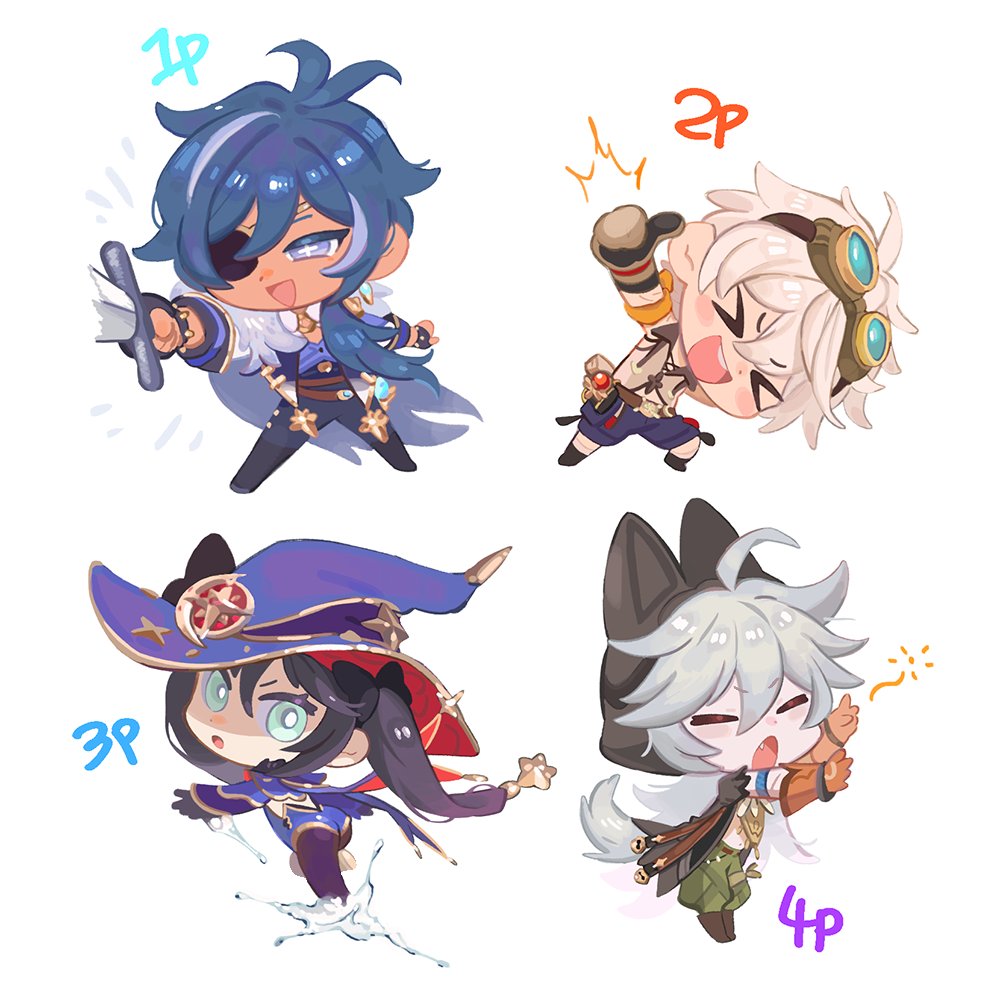 &gt;_&lt; 1girl 3boys :o animal_hood bangs bennett_(genshin_impact) black_hair black_legwear blue_eyes blue_hair brown_gloves cape chibi closed_eyes dark-skinned_male dark_skin eyepatch fang genshin_impact gloves godwkgodwk goggles goggles_on_head grey_hair hair_ornament holding holding_sword holding_weapon hood hood_up jacket kaeya_(genshin_impact) leotard long_hair mona_(genshin_impact) multiple_boys open_mouth orange_gloves pants pantyhose ponytail razor_(genshin_impact) shorts simple_background sword thumbs_up twintails vision_(genshin_impact) water weapon white_background