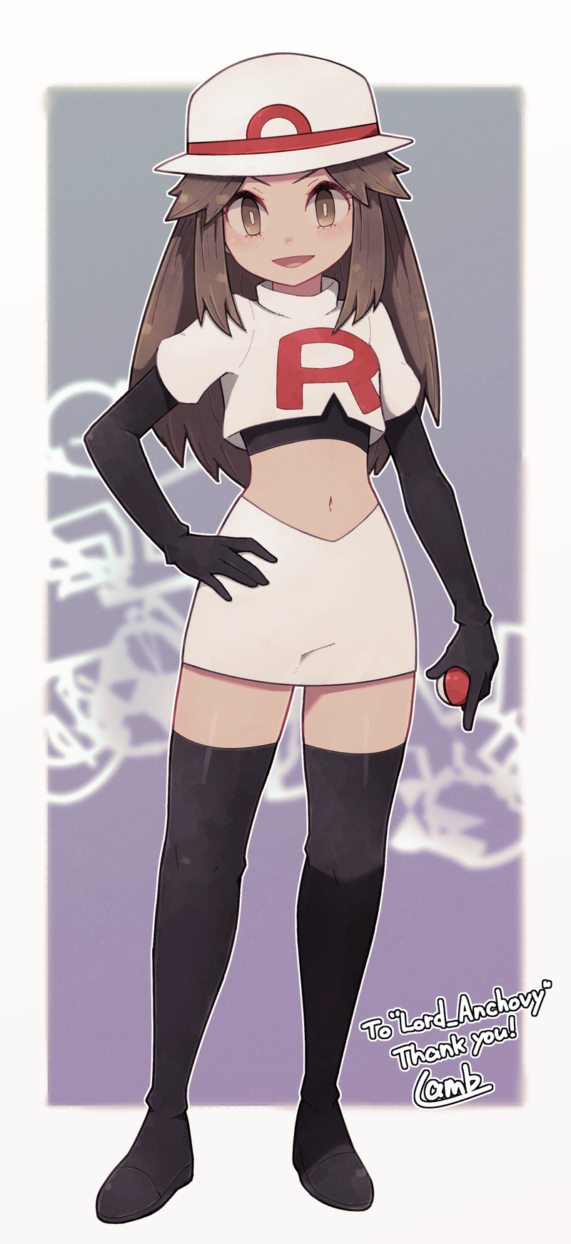 1girl alternate_costume black_footwear black_gloves black_shirt blurry blurry_background boots border breasts brown_hair bucket_hat cosplay cropped_jacket elbow_gloves formal full_body gloves hand_on_hip hat highres holding holding_poke_ball jacket jessie_(pokemon) jessie_(pokemon)_(cosplay) lamb-oic029 leaf_(pokemon) long_hair looking_at_viewer midriff miniskirt navel open_mouth outside_border patterned_background pencil_skirt poke_ball pokemon pokemon_(anime) pokemon_(game) pokemon_frlg porkpie_hat purple_border shirt short_sleeves sidelocks single_letter skirt smile solo standing suit team_rocket team_rocket_uniform thigh-highs thigh_boots white_background white_jacket white_skirt yellow_eyes zettai_ryouiki