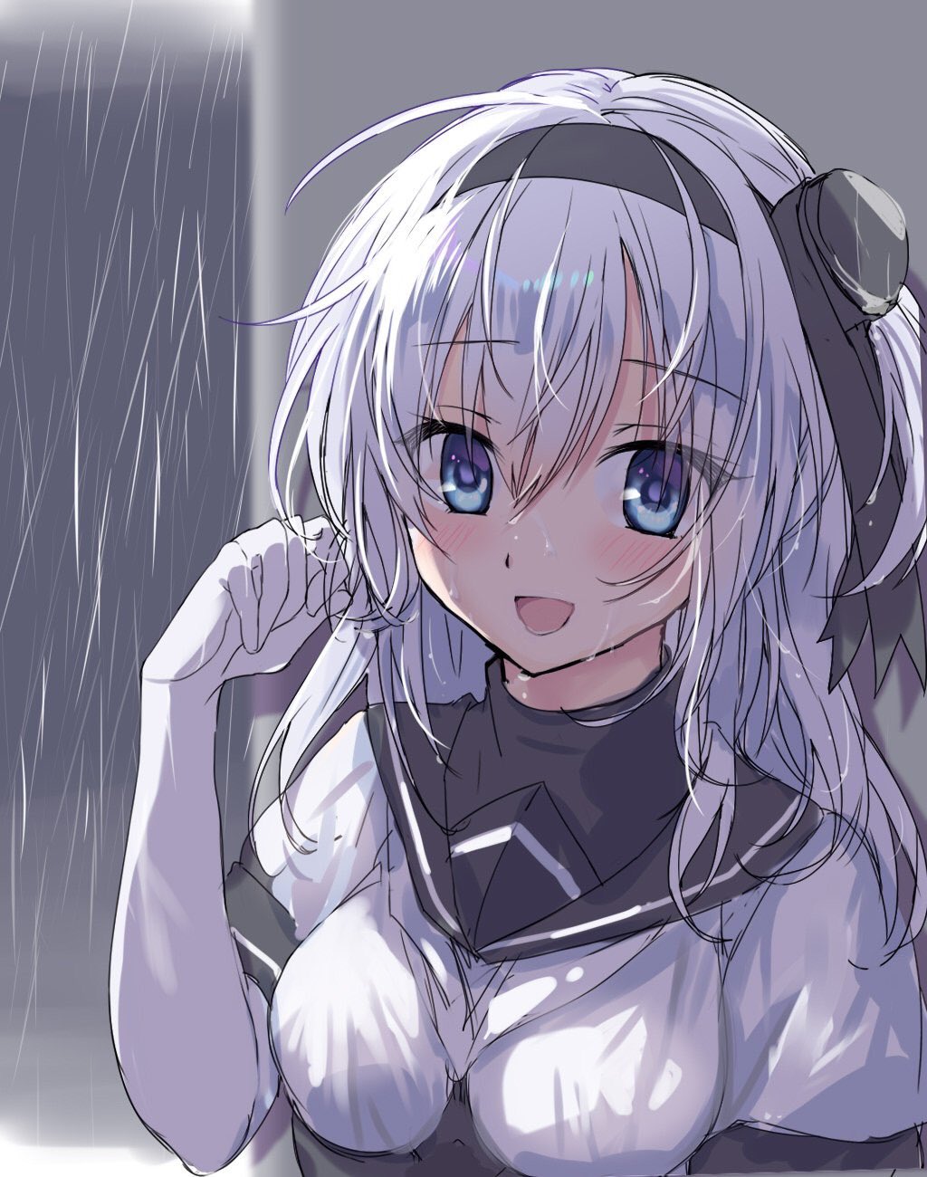 1girl bangs black_headband black_sailor_collar blue_eyes blush bodysuit breasts eyebrows_visible_through_hair hachimaki hair_between_eyes headband highres kantai_collection long_hair looking_at_viewer medium_breasts one_side_up open_mouth picoli1313 rain sailor_collar short_sleeves solo suzutsuki_(kancolle) upper_body wet wet_clothes white_bodysuit white_hair