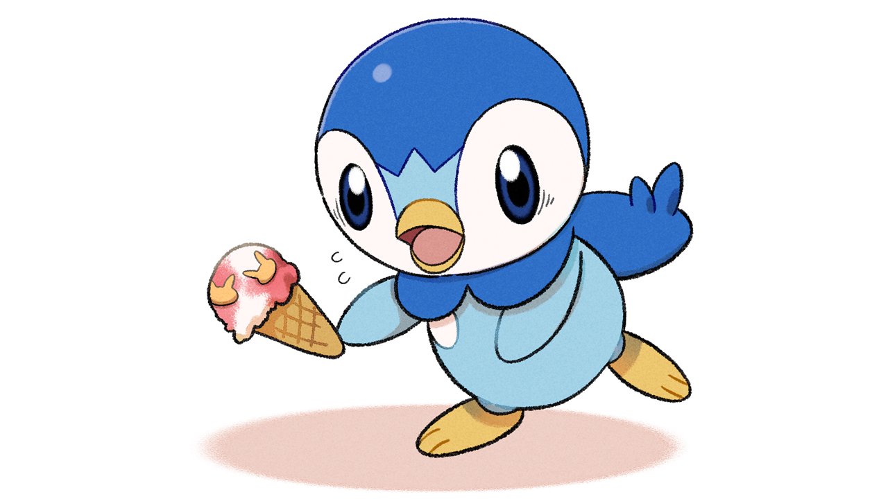 blue_eyes commentary_request creature dropping flying_sweatdrops food full_body gen_4_pokemon ice_cream ice_cream_cone no_humans official_art open_mouth piplup pokemon pokemon_(creature) prj_pochama solo standing standing_on_one_leg starter_pokemon tongue white_background