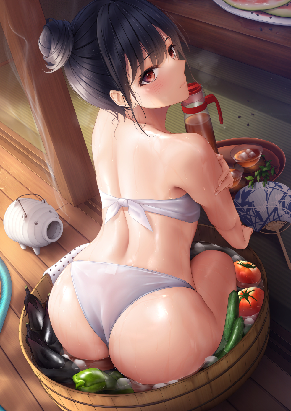 1girl ass back bangs bare_shoulders barley_tea bikini black_hair bucket closed_mouth commentary_request cucumber eggplant eyebrows_visible_through_hair food fruit hair_bun highres incense_burner looking_at_viewer looking_to_the_side mhru original pepper plate red_eyes see-through sitting solo swimsuit table tatami thighs tomato watermelon watermelon_seeds wet wet_clothes white_bikini wooden_floor