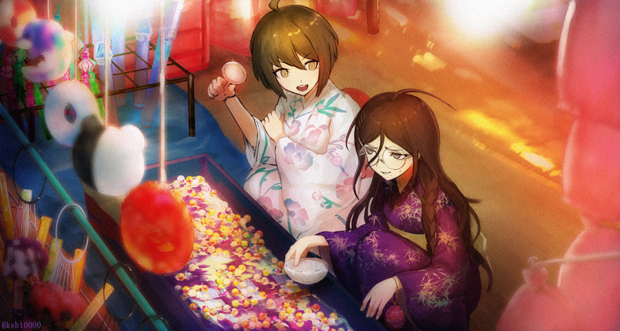 2girls :d ahoge balloon brown_eyes brown_hair commentary_request dangan_ronpa_(series) dangan_ronpa_another_episode:_ultra_despair_girls floral_print food from_above fukawa_touko glasses goldfish_scooping hair_ornament hairclip hajime_(gitoriokawaii) holding japanese_clothes kimono long_hair long_sleeves looking_at_another monokuma multiple_girls naegi_komaru open_mouth purple_kimono round_eyewear seiza short_hair sitting smile upper_teeth white_kimono