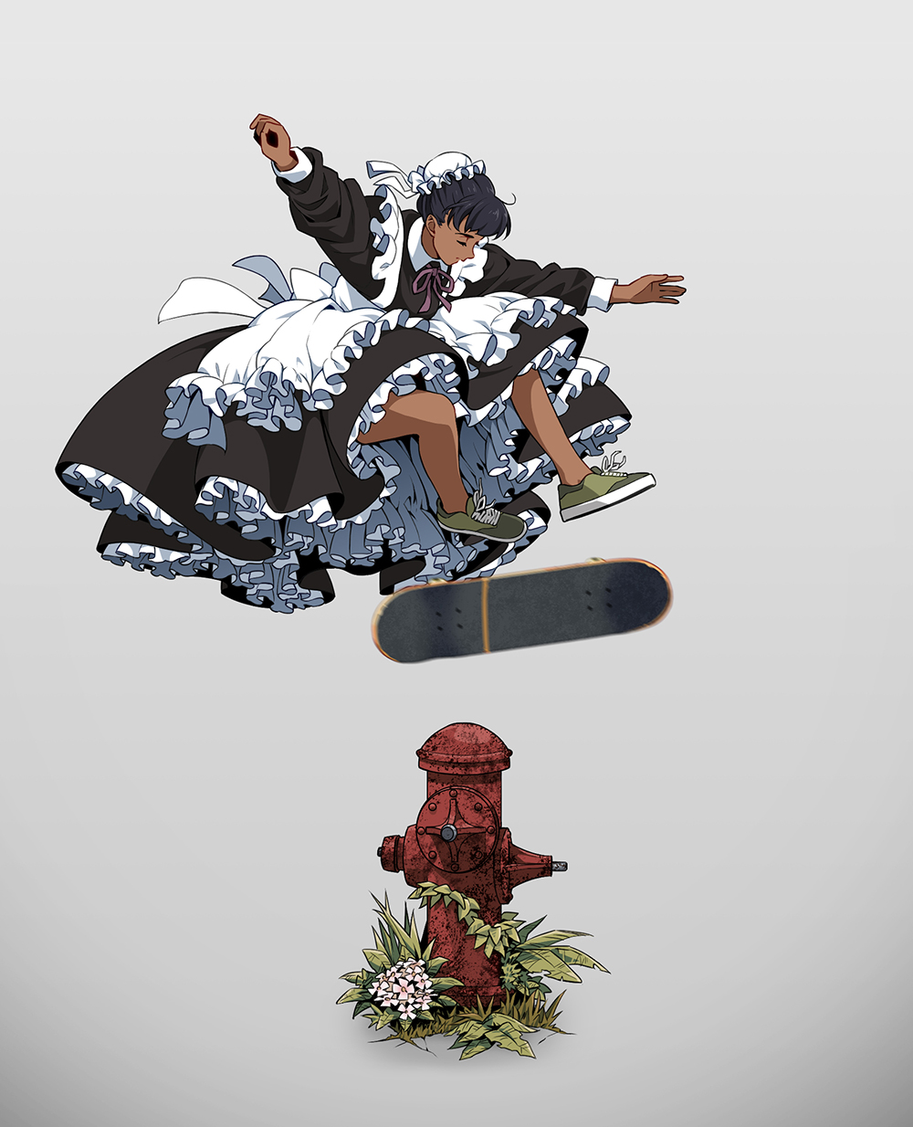 1girl apron bare_legs black_dress black_hair dark_skin dress fire_hydrant frilled_apron frilled_hat frills green_footwear grey_background hat highres long_sleeves maid maid_apron mob_cap original plant shoes short_hair skateboard skateboarding sneakers solo suzushiro_(suzushiro333) white_apron white_headwear