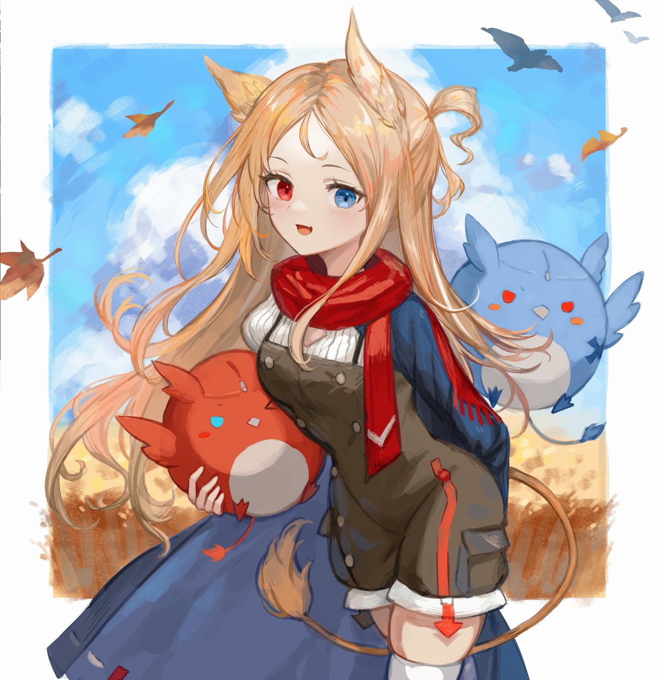1girl animal animal_ears archetto_(arknights) arknights bird bird_ears blue_cape blue_eyes blue_sky brown_dress brown_hair cape clouds commentary dress griffin heterochromia highres holding holding_animal holding_bird lion_tail long_hair looking_at_viewer open_mouth red_eyes red_scarf scarf shirt skindentation sky solo spacelongcat tail wheat_field white_legwear white_shirt