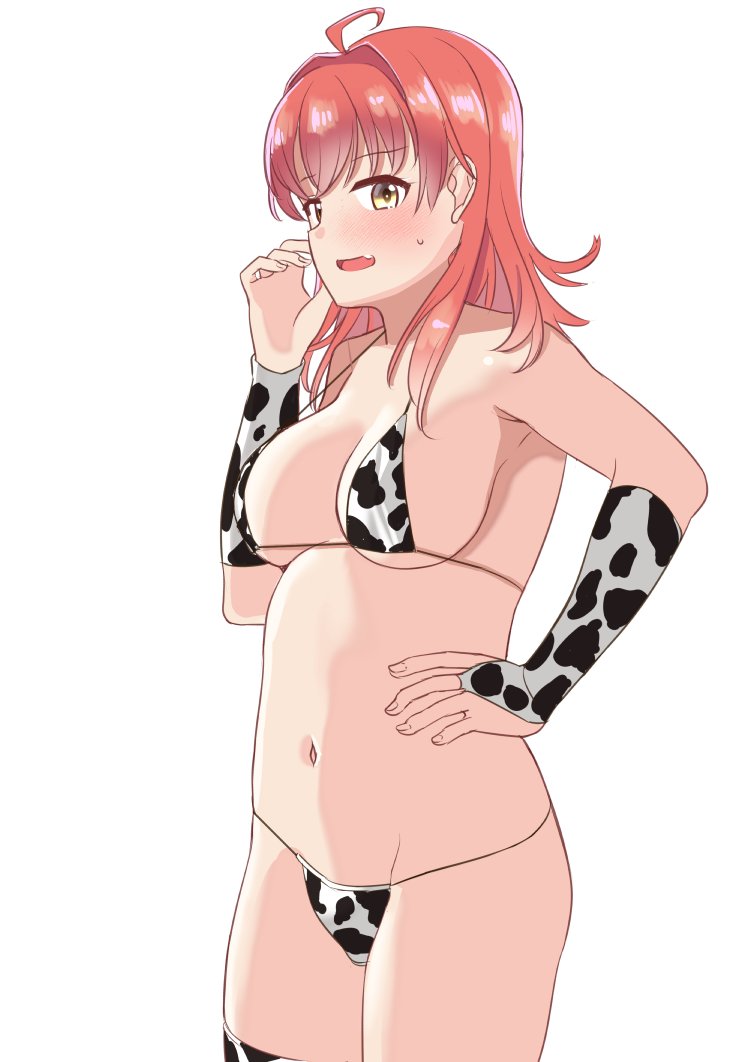 1girl ahoge animal_print arashi_(kancolle) bikini breasts bridal_gauntlets brown_eyes commentary_request cow_print fang hand_on_hip kantai_collection medium_breasts medium_hair open_mouth redhead simple_background skin_fang solo sun_fle swimsuit thigh-highs white_background white_bikini white_legwear