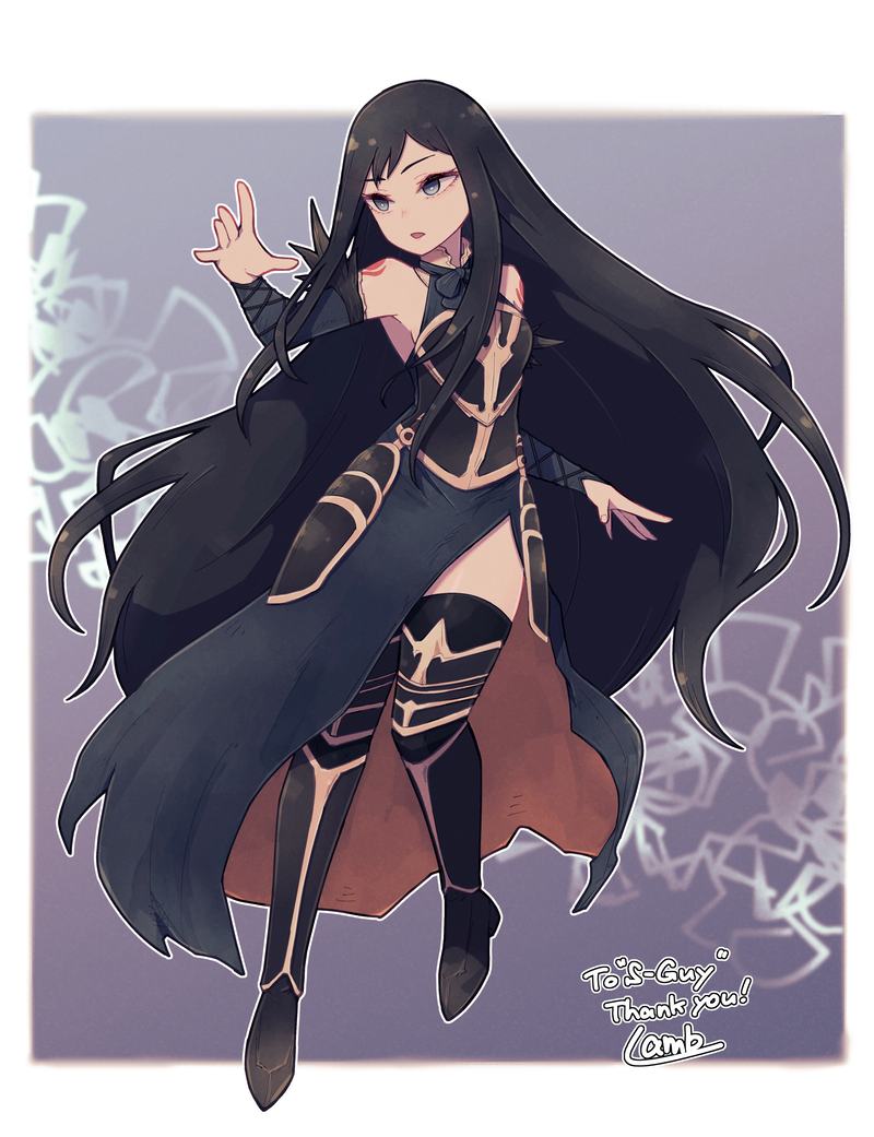 1girl bare_shoulders black_dress black_hair black_legwear border bright_pupils castlevania:_harmony_of_despair dress full_body grey_eyes hand_up lamb-oic029 long_hair parted_lips shanoa signature solo thank_you thigh-highs white_border white_pupils