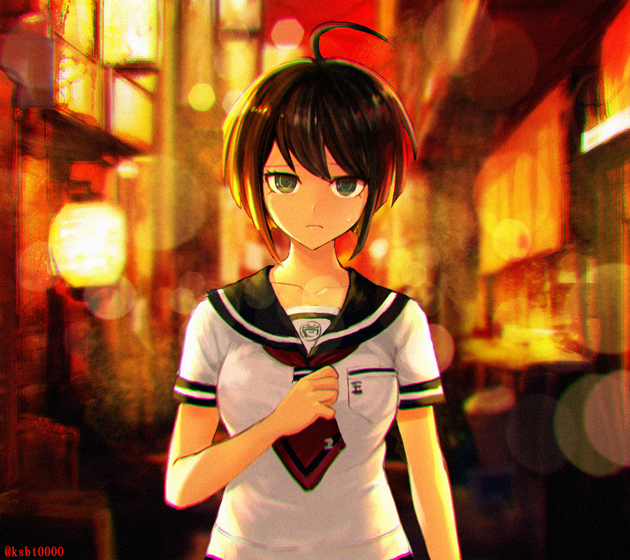 1girl ahoge arm_at_side bangs blurry breast_pocket breasts brown_eyes brown_hair closed_mouth collarbone commentary_request dangan_ronpa_(series) dangan_ronpa_another_episode:_ultra_despair_girls depth_of_field frown hajime_(gitoriokawaii) hand_up large_breasts light looking_at_viewer naegi_komaru outdoors pocket red_neckwear sad sailor_collar school_uniform serafuku shiny shiny_hair shirt short_hair short_sleeves solo upper_body white_shirt