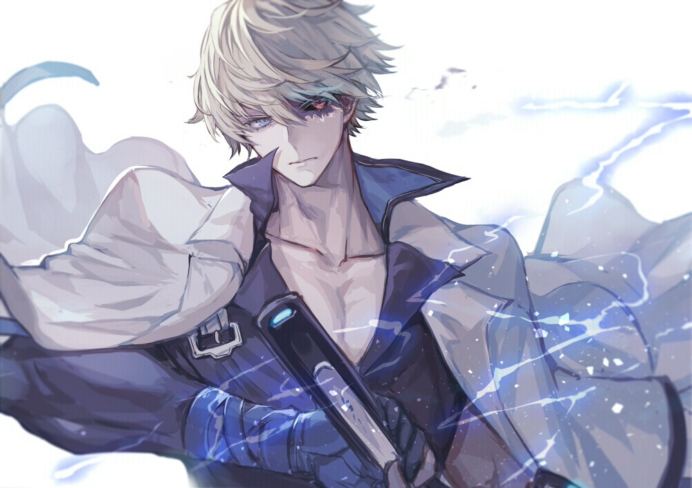 1boy bangs black_sclera blonde_hair blue_eyes blue_gloves blue_shirt colored_sclera electricity gloves guilty_gear guilty_gear_strive high_collar holding holding_sword holding_weapon jacket jacket_on_shoulders ky_kiske red_eyes senano-yu shirt short_hair solo sword upper_body weapon white_background white_jacket