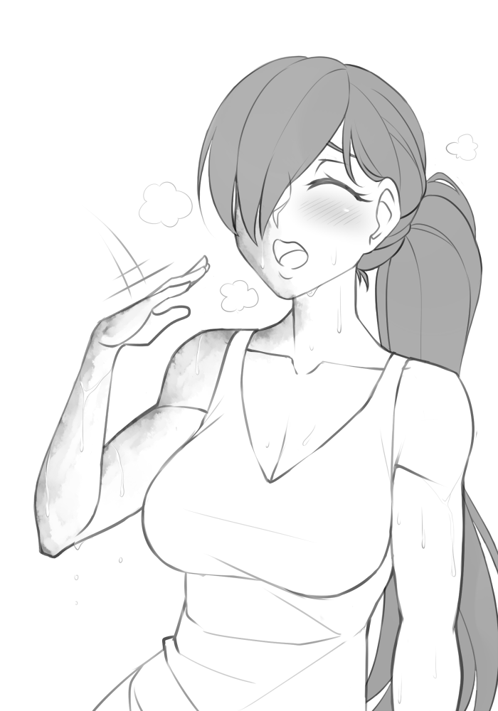 1girl bangs bare_arms bare_shoulders blush breasts burn_scar closed_eyes collarbone commentary english_commentary fanning_face greyscale hair_over_one_eye hot ikezawa_hanako katawa_shoujo large_breasts long_hair monochrome ponytail scar simple_background solo sweat tank_top twrlare upper_body white_background