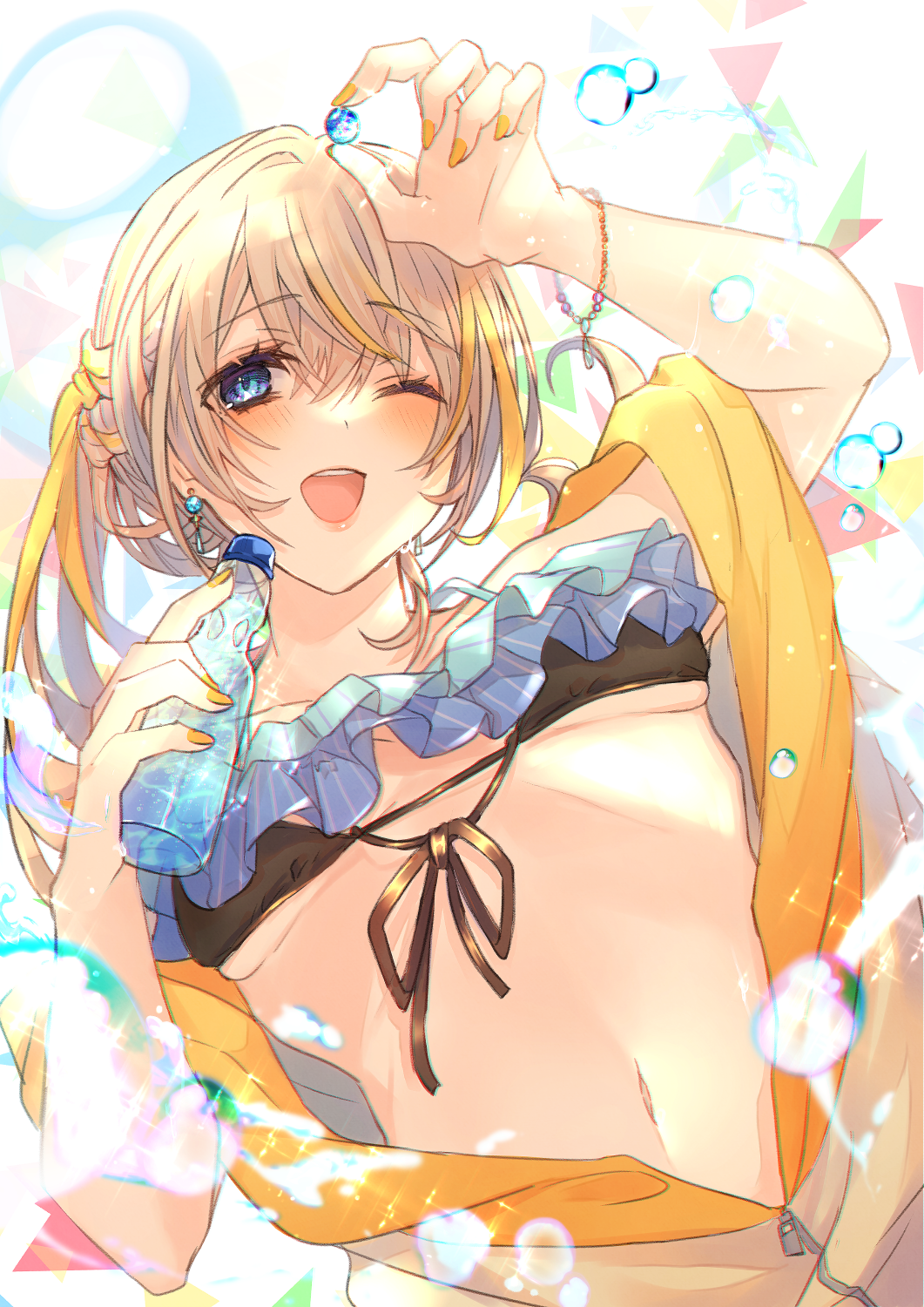 1girl ;d arm_up bangs bare_shoulders bikini black_bikini blonde_hair blue_bikini blue_eyes blush bottle breasts brown_hair brown_jacket collarbone commentary_request eyebrows_visible_through_hair front-tie_bikini front-tie_top hair_between_eyes highres holding holding_bottle jacket layered_bikini medium_breasts multicolored_hair nail_polish navel one_eye_closed open_clothes open_jacket open_mouth orange_nails original ramune shikino_yuki smile solo streaked_hair swimsuit upper_body upper_teeth