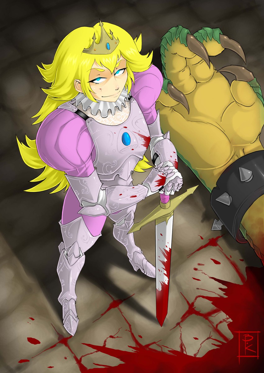 1boy 1girl adapted_costume after_battle armor blonde_hair blood blood_splatter bloody_clothes blue_eyes blunt-katana bowser breastplate claws death from_above gauntlets glowing glowing_eyes greaves highres long_hair long_sleeves looking_up super_mario_bros. medieval out_of_frame plate_armor princess_peach puffy_long_sleeves puffy_sleeves smile solo_focus standing sword tiara weapon
