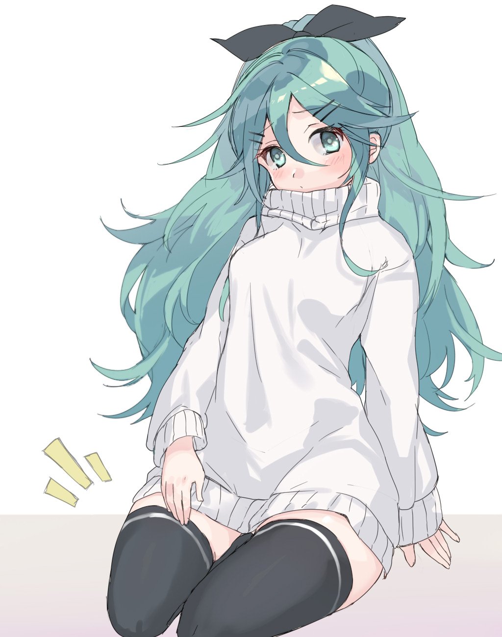 1girl alternate_costume bangs black_bow black_legwear blush bow breasts closed_mouth green_eyes green_hair hair_between_eyes hair_bow hair_ornament hairclip highres kantai_collection long_hair long_sleeves medium_breasts one-hour_drawing_challenge picoli1313 ponytail simple_background sitting solo sweater thigh-highs turtleneck turtleneck_sweater two-tone_background white_sweater yamakaze_(kancolle)