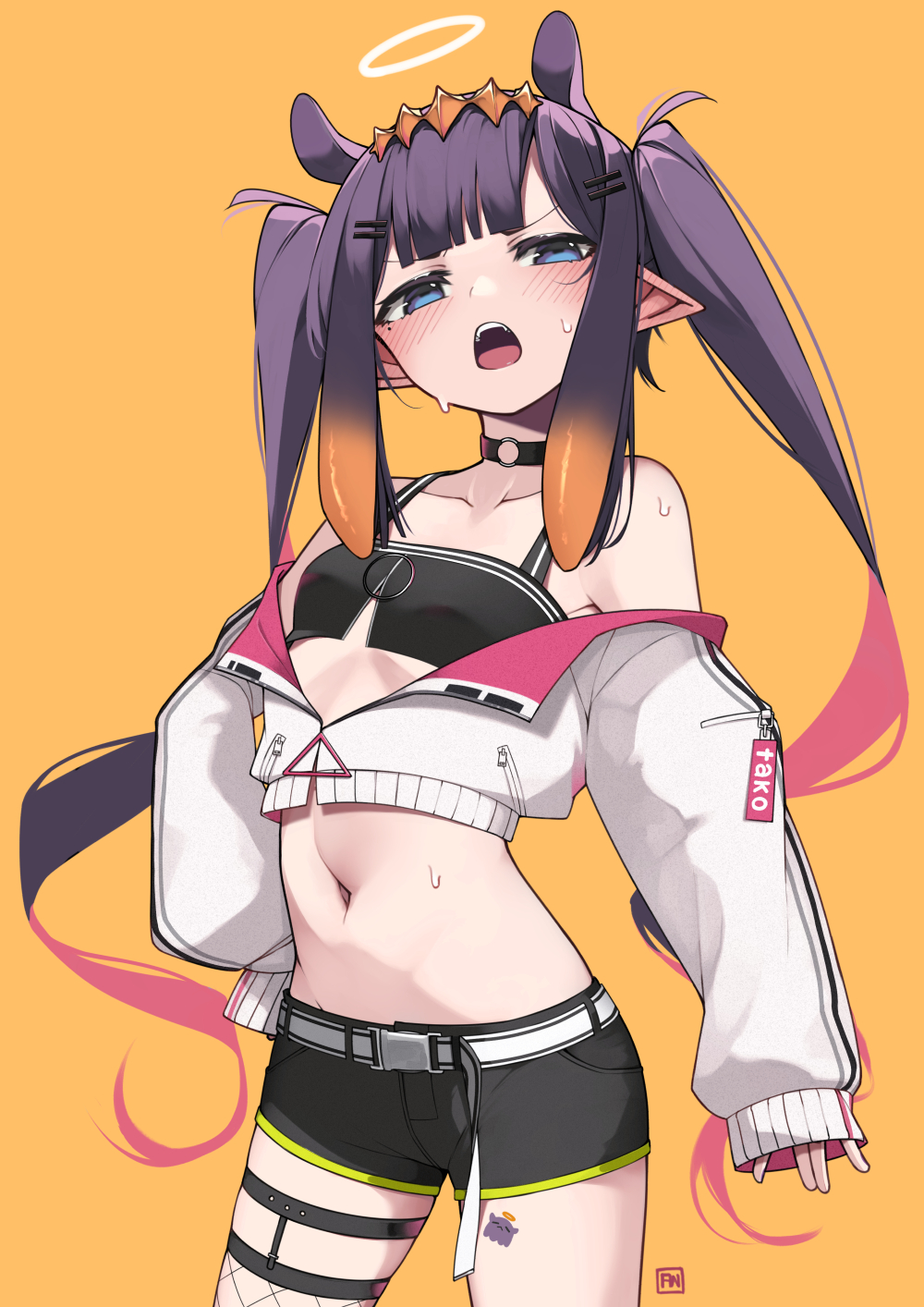 1girl angry_num bangs belt black_choker black_shorts blush choker collarbone colored_inner_hair cosplay cropped_jacket flat_chest hair_ornament hairclip halo hand_on_hip highres hololive hololive_english jacket leaning_to_the_side looking_at_viewer multicolored_hair navel ninomae_ina'nis o-ring o-ring_choker off_shoulder open_mouth pink_hair pointy_ears purple_hair short_shorts shorts single_thighhigh sleeves_past_fingers sleeves_past_wrists solo sticker sweat tentacle_hair thigh-highs tokoyami_towa tokoyami_towa_(cosplay) twintails v-shaped_eyebrows virtual_youtuber white_belt white_jacket