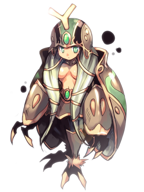 1girl arthropod_girl black_legwear breasts claws closed_mouth commentary_request emon-yu full_body green_eyes green_hair helmet long_hair looking_at_viewer medium_breasts navel queen_scaraba ragnarok_online simple_background solo standing very_long_hair white_background