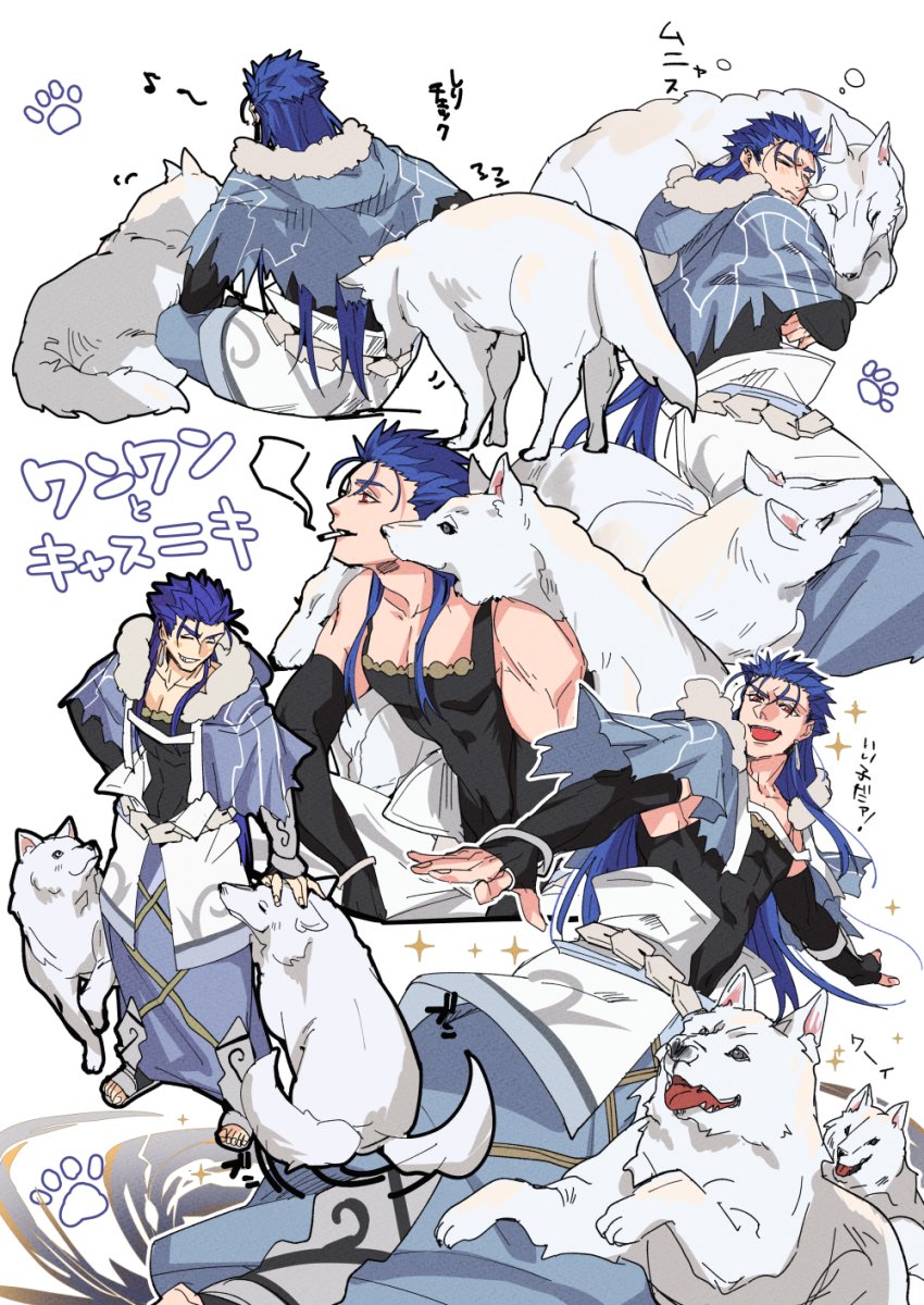 1boy 2others animal belt biceps blue_hair bracelet capelet closed_eyes cu_chulainn_(caster)_(fate) cu_chulainn_(fate)_(all) dog elbow_gloves fang fate/grand_order fate_(series) from_behind full_body fur-trimmed_hood fur_trim gloves greaves harem_pants highres hood hood_down hooded_capelet jewelry long_hair male_focus multiple_others multiple_views muscular muscular_male nozawa pants paw_print petting red_eyes simple_background sitting skin_tight sleeping smile spiky_hair standing tail tail_wagging tank_top toeless_footwear white_wolf wolf