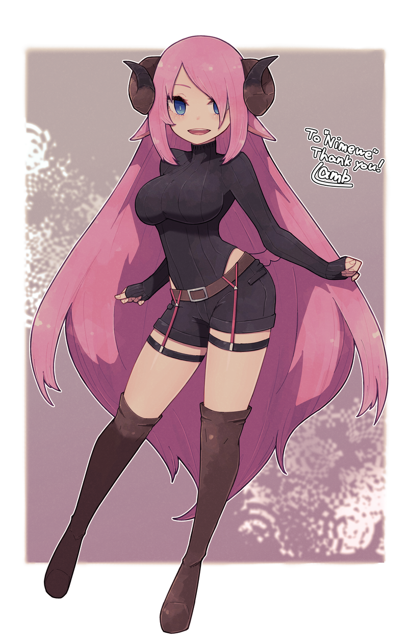 1girl :d belt black_leotard black_shorts blue_eyes border breasts brown_belt brown_footwear brown_legwear contrapposto fingernails full_body highres horns lamb-oic029 large_breasts leotard long_hair long_sleeves looking_at_viewer open_mouth original pink_hair ribbed_leotard shorts signature sleeves_past_wrists smile solo thank_you thigh-highs turtleneck_leotard very_long_hair white_border