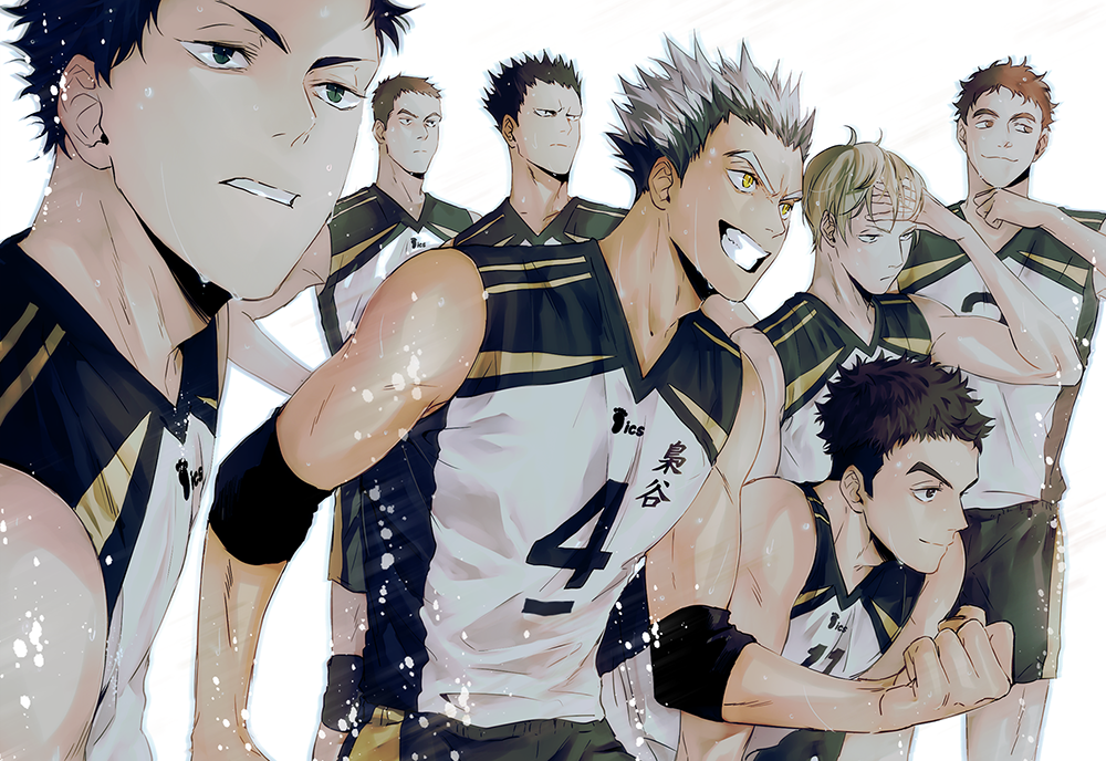 6+boys akaashi_keiji black_hair blonde_hair bokuto_koutarou brown_hair clenched_hand elbow_pads eyebrows grey_hair grin haikyuu!! jersey komi_haruki konoha_akinori looking_to_the_side male_focus multicolored_hair multiple_boys onaga_wataru sarukui_yamato shirt short_hair shorts sleeveless sleeveless_shirt smile sportswear teeth two-tone_hair ummm_mmma volleyball_uniform washio_tatsuki yellow_eyes