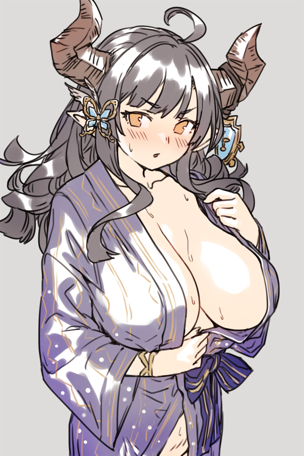 1girl augusta_(granblue_fantasy) bangs black_hair blush breasts brown_eyes draph granblue_fantasy highres horns houtengeki japanese_clothes kimono large_breasts long_sleeves looking_at_viewer pointy_ears solo wide_sleeves