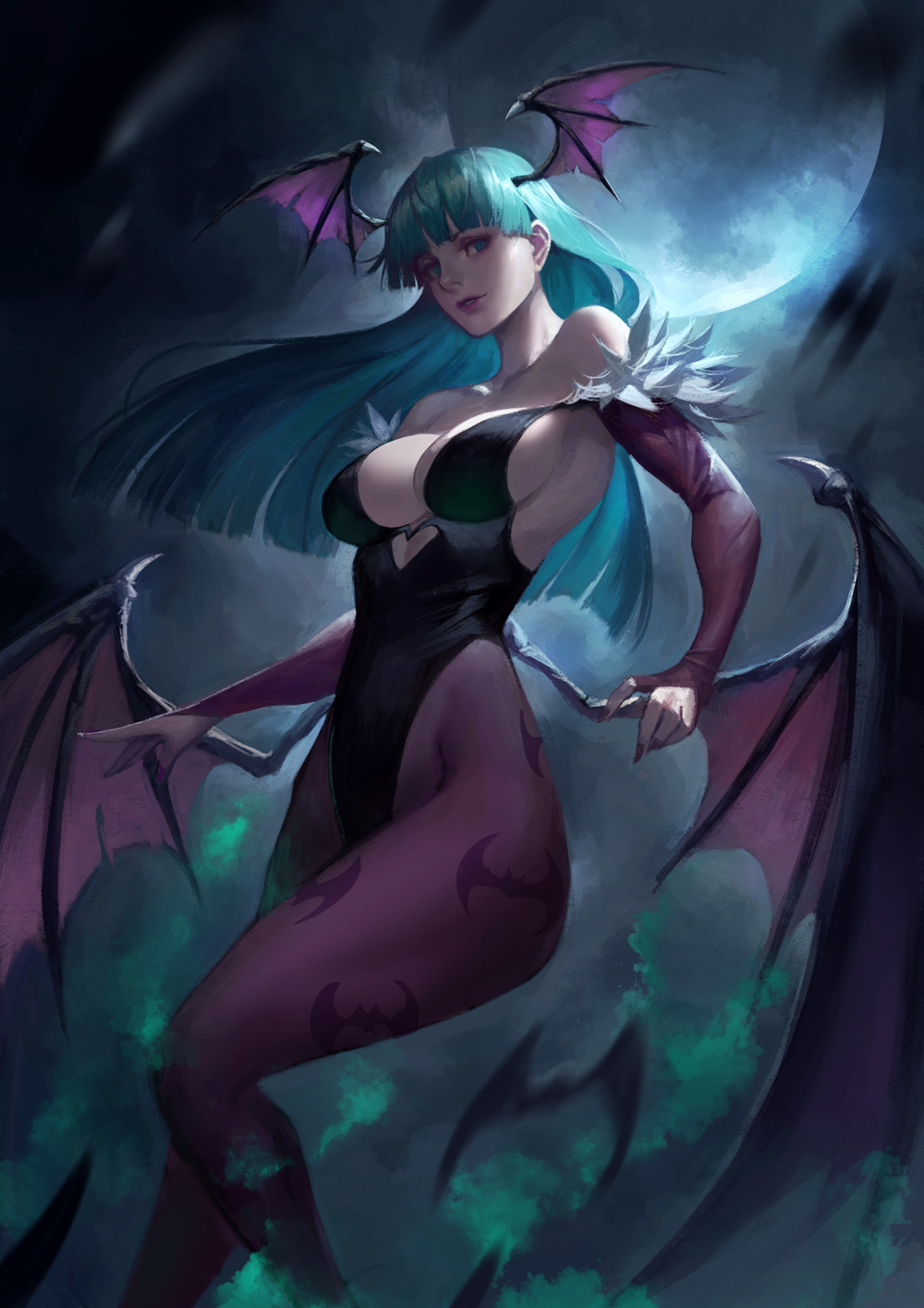 1girl animal_print aqua_eyes aqua_hair bangs bare_shoulders bat_print bat_wings blunt_bangs blunt_ends breasts clothing_cutout collarbone commentary english_commentary fingernails head_wings heart_cutout highres large_breasts leotard looking_away morrigan_aensland pantyhose parted_lips phamoz print_legwear purple_legwear purple_nails purple_wings solo vampire_(game) wings