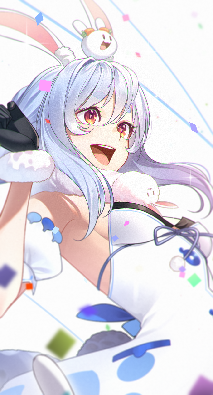 1girl :3 :d animal_ear_fluff animal_ears bangs black_gloves blue_hair blue_ribbon blurry blurry_foreground breasts bunny-shaped_pupils bunny_tail clenched_hand commentary confetti creature depth_of_field detached_sleeves don-chan_(usada_pekora) dress eyebrows_visible_through_hair floating_hair fur-trimmed_gloves fur_trim gloves hair_between_eyes hand_up highres hikimayu hololive long_hair looking_away manamachii nousagi_(usada_pekora) open_mouth orange_eyes pocket pom_pom_(clothes) puffy_short_sleeves puffy_sleeves rabbit_ears rabbit_girl ribbon short_eyebrows short_sleeves sidelocks small_breasts smile sparkle strapless strapless_dress tail thick_eyebrows upper_teeth usada_pekora virtual_youtuber white_background white_dress