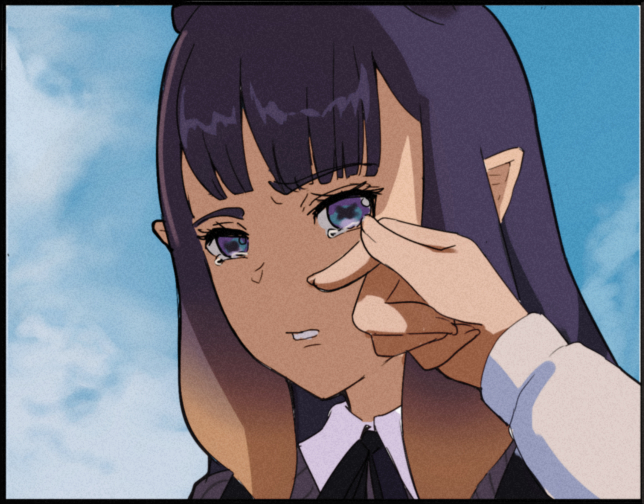 1girl bangs black_border blue_eyes blush border clenched_teeth collared_shirt commentary crying day face gundam gundam_wing hiwonoafu hololive hololive_english long_hair ninomae_ina'nis pointy_ears purple_hair shiny shiny_hair shirt solo tears teeth tentacle_hair virtual_youtuber watson_amelia wiping_tears