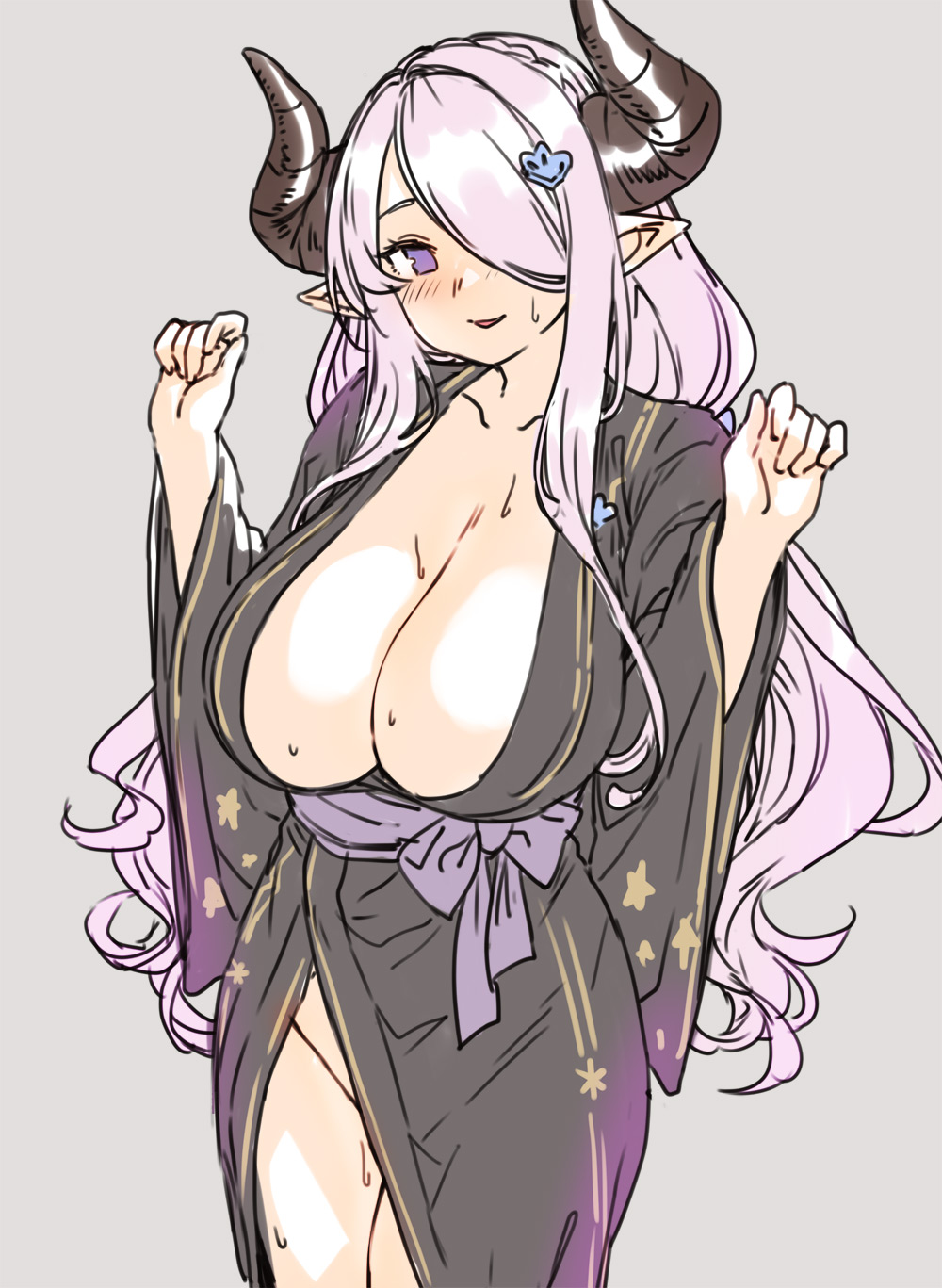 1girl bangs blue_eyes blush breasts draph granblue_fantasy highres houtengeki japanese_clothes kimono light_purple_hair long_hair long_sleeves looking_at_viewer narmaya_(granblue_fantasy) solo wide_sleeves