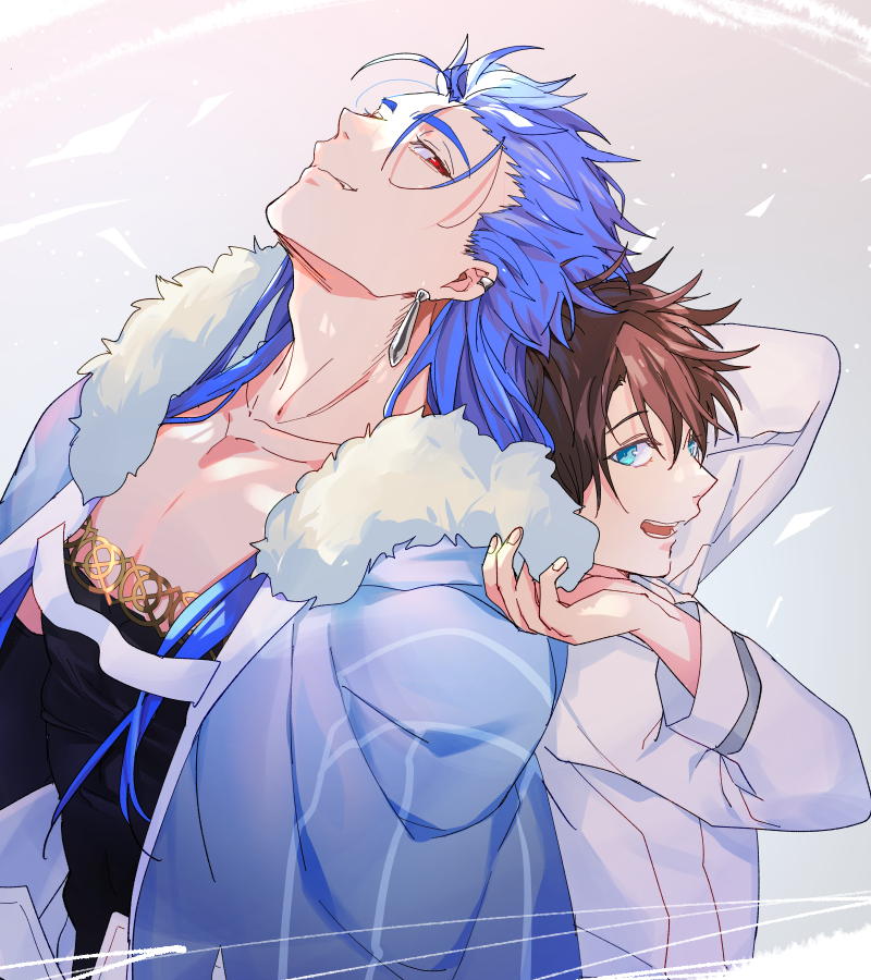 2boys back-to-back black_hair blue_eyes blue_hair cape closed_mouth collarbone cu_chulainn_(caster)_(fate) cu_chulainn_(fate)_(all) earrings fang fate/grand_order fate_(series) fujimaru_ritsuka_(male) fur-trimmed_hood fur_trim height_difference hood hood_down hooded_cape jewelry long_hair long_sleeves looking_at_another looking_back male_focus multiple_boys multiple_earrings multiple_piercings nozawa open_mouth red_eyes shirt smile spiky_hair