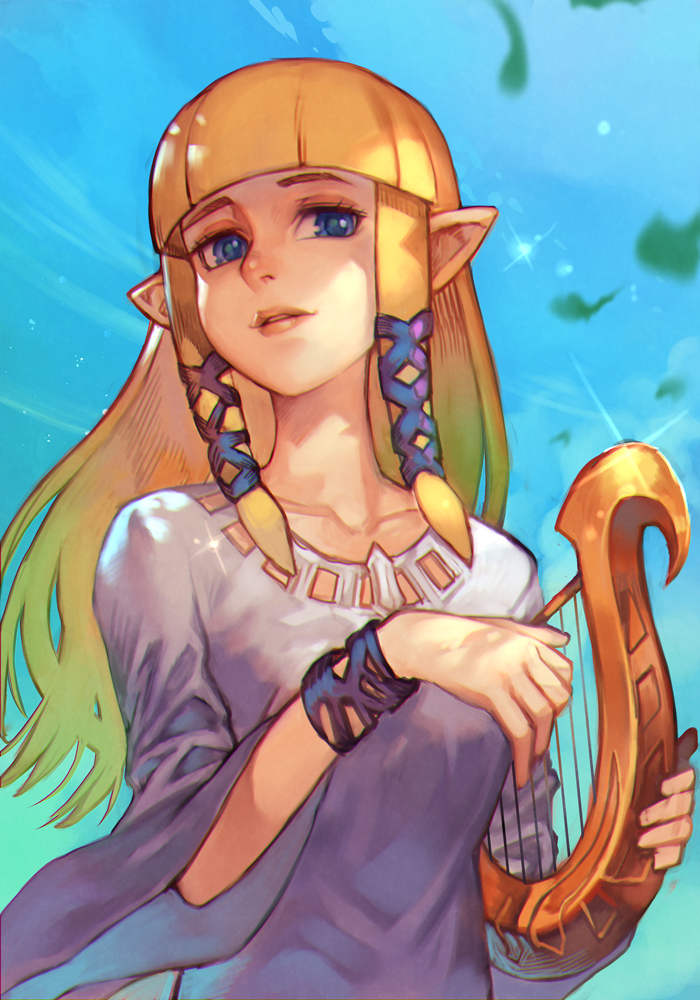 1girl bangle bangs blonde_hair blue_eyes blue_sky bracelet collarbone hair_tubes hankuri harp holding holding_instrument hankuri instrument jewelry long_hair long_sleeves outdoors pointy_ears princess_zelda sidelocks sky solo the_legend_of_zelda the_legend_of_zelda:_skyward_sword upper_body wide_sleeves wind