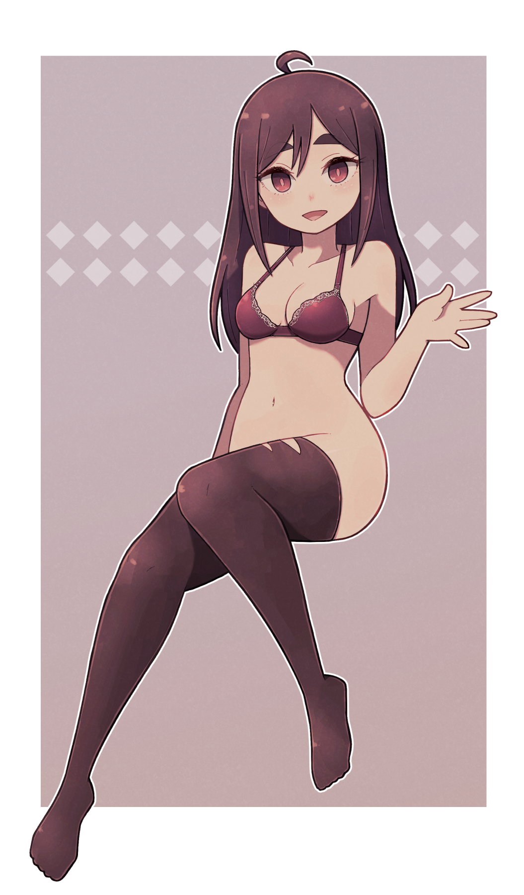 1girl :d ahoge border bottomless bra breasts brown_background brown_hair brown_legwear full_body highres invisible_chair lamb-oic029 looking_at_viewer medium_breasts navel open_mouth original red_bra red_eyes sitting smile solo thigh-highs underwear waving white_border