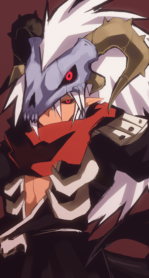 1boy armor assassin_cross_(ragnarok_online) bangs black_sclera black_shirt brown_background colored_sclera commentary_request emon-yu hair_between_eyes horns long_hair looking_at_viewer male_focus open_clothes open_shirt pauldrons pointy_ears ragnarok_online red_eyes red_scarf scarf shirt shoulder_armor simple_background skull skull_on_head solo torn_scarf upper_body white_hair