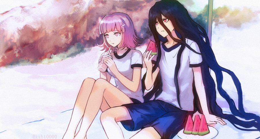 1boy 1girl alternate_costume arm_support bangs black_hair blue_shorts breasts commentary_request cup dangan_ronpa_(series) dangan_ronpa_2:_goodbye_despair disposable_cup drinking_straw eating feet_out_of_frame flipped_hair food fruit hair_between_eyes hajime_(gitoriokawaii) hand_up hands_up kamukura_izuru knees_up large_breasts long_hair medium_hair multicolored multicolored_background nanami_chiaki pink_eyes pink_hair plate red_eyes shirt shorts sitting spaceship_hair_ornament twitter_username very_long_hair watermelon white_shirt