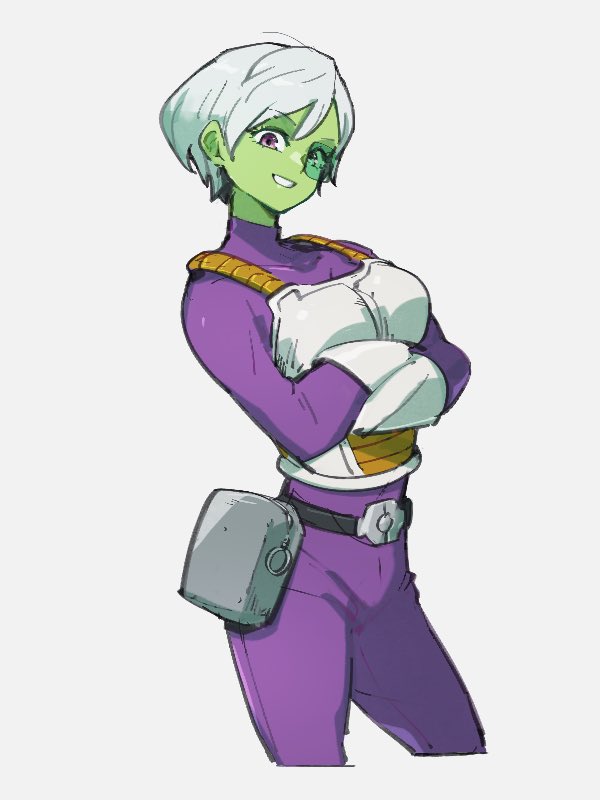 1girl bodysuit breasts cheelai colored_skin crossed_arms dragon_ball dragon_ball_super dragon_ball_super_broly gloves green_skin grey_background kemachiku looking_at_viewer medium_breasts purple_bodysuit scouter short_hair simple_background smile solo violet_eyes white_gloves white_hair