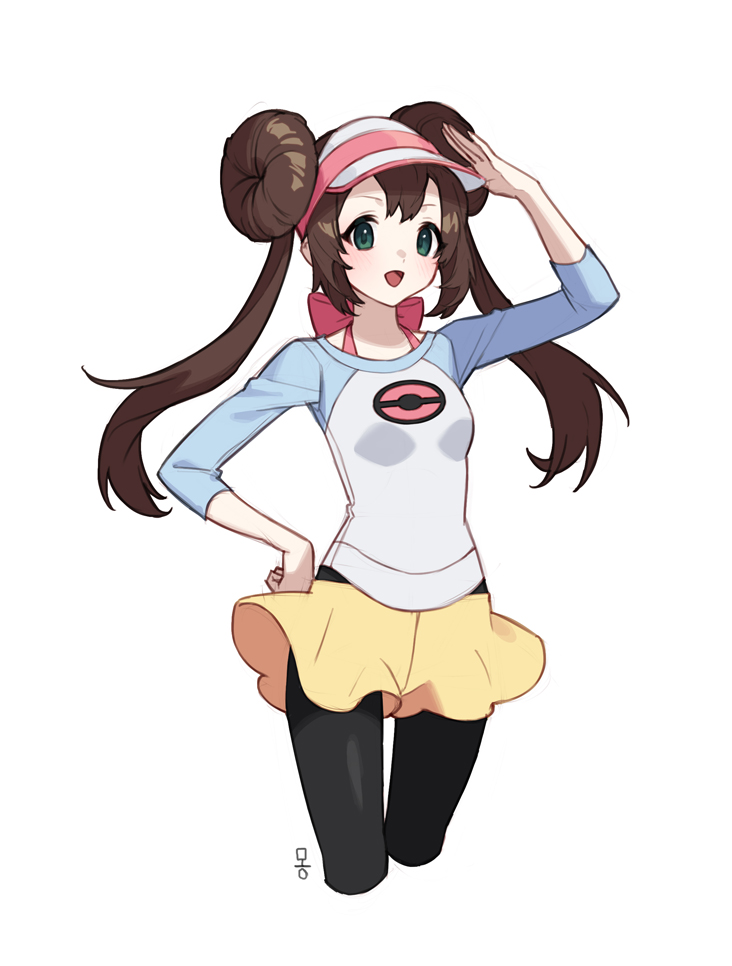 1girl :d arm_up bangs black_legwear blush bow breasts brown_hair commentary_request double_bun green_eyes hand_on_hip legwear_under_shorts long_hair mongguri open_mouth pantyhose pink_bow pokemon pokemon_(game) pokemon_bw2 raglan_sleeves rosa_(pokemon) shirt short_shorts shorts simple_background smile solo tongue twintails visor_cap white_background yellow_shorts