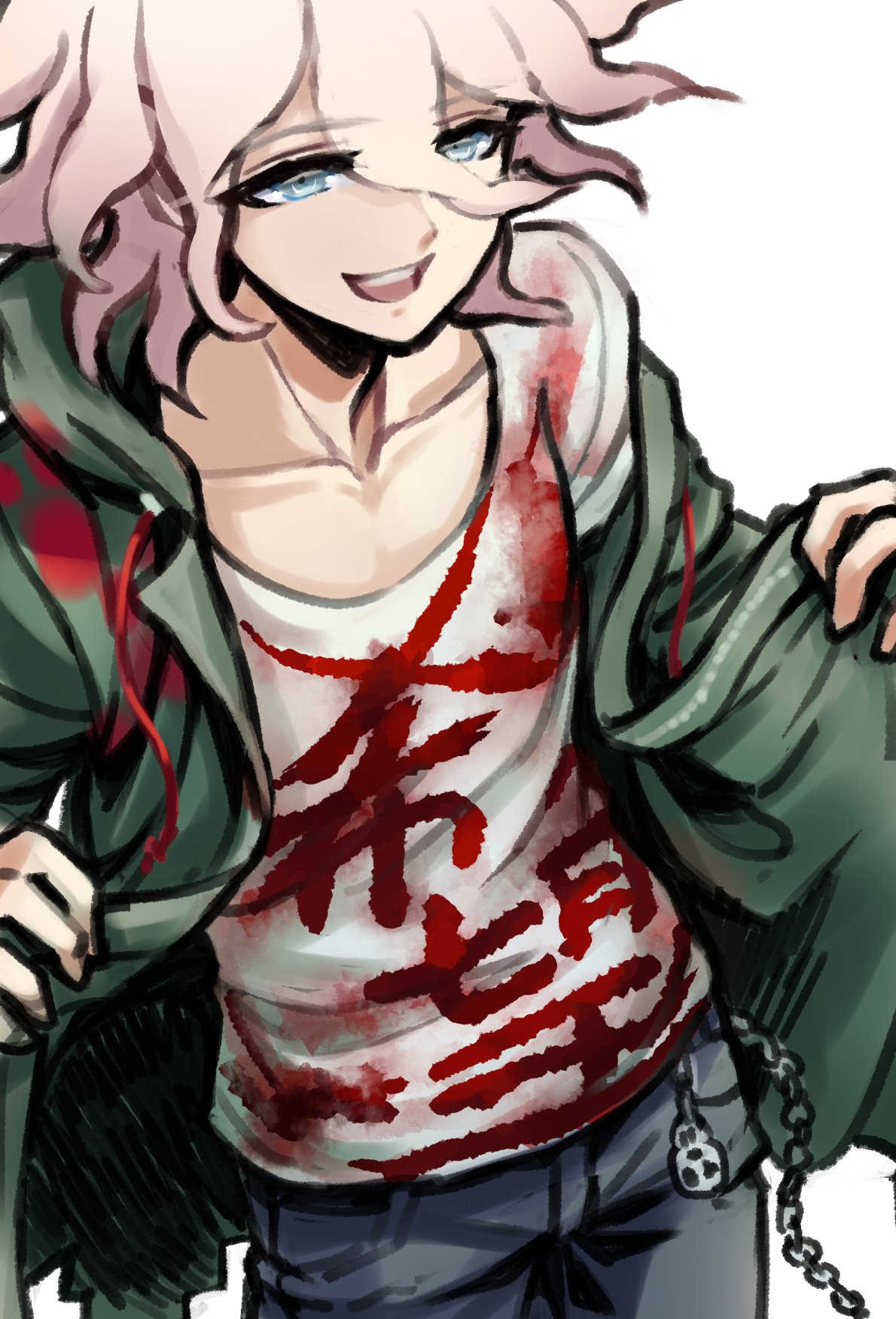 1boy :d bangs blood bloody_clothes blue_eyes blue_pants chain clothes_writing collarbone commentary_request cowboy_shot dangan_ronpa_(series) dangan_ronpa_2:_goodbye_despair denim green_jacket grey_background grey_eyes grey_hair hair_between_eyes hands_up highres jacket jeans komaeda_nagito male_focus open_mouth pants shirt simple_background smile solo upper_teeth youko-shima