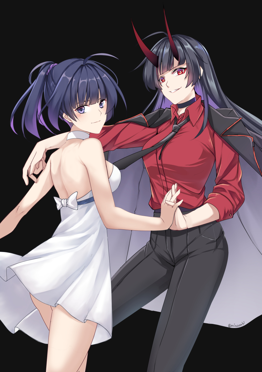 2girls antenna_hair back bangs black_background black_pants closed_mouth dress dual_persona hair_between_eyes hand_on_another's_shoulder highres holding_hands honkai_(series) honkai_impact_3rd horns jacket long_hair looking_at_viewer looking_back mizonaki multiple_girls necktie open_mouth pants polo_shirt ponytail raiden_mei raiden_mei_(herrscher_of_thunder) red_eyes red_shirt shirt simple_background sleeveless sleeveless_dress sleeves_rolled_up smile sundress teeth white_dress