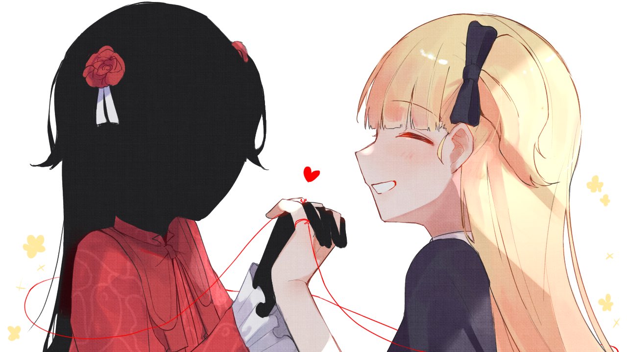 2girls blonde_hair blush bow dress emilico_(shadows_house) genkaku_yurityu grin hair_bow heart holding_hands interlocked_fingers kate_(shadows_house) long_hair multiple_girls red_dress shadow_(shadows_house) shadows_house simple_background smile string string_of_fate white_background yuri