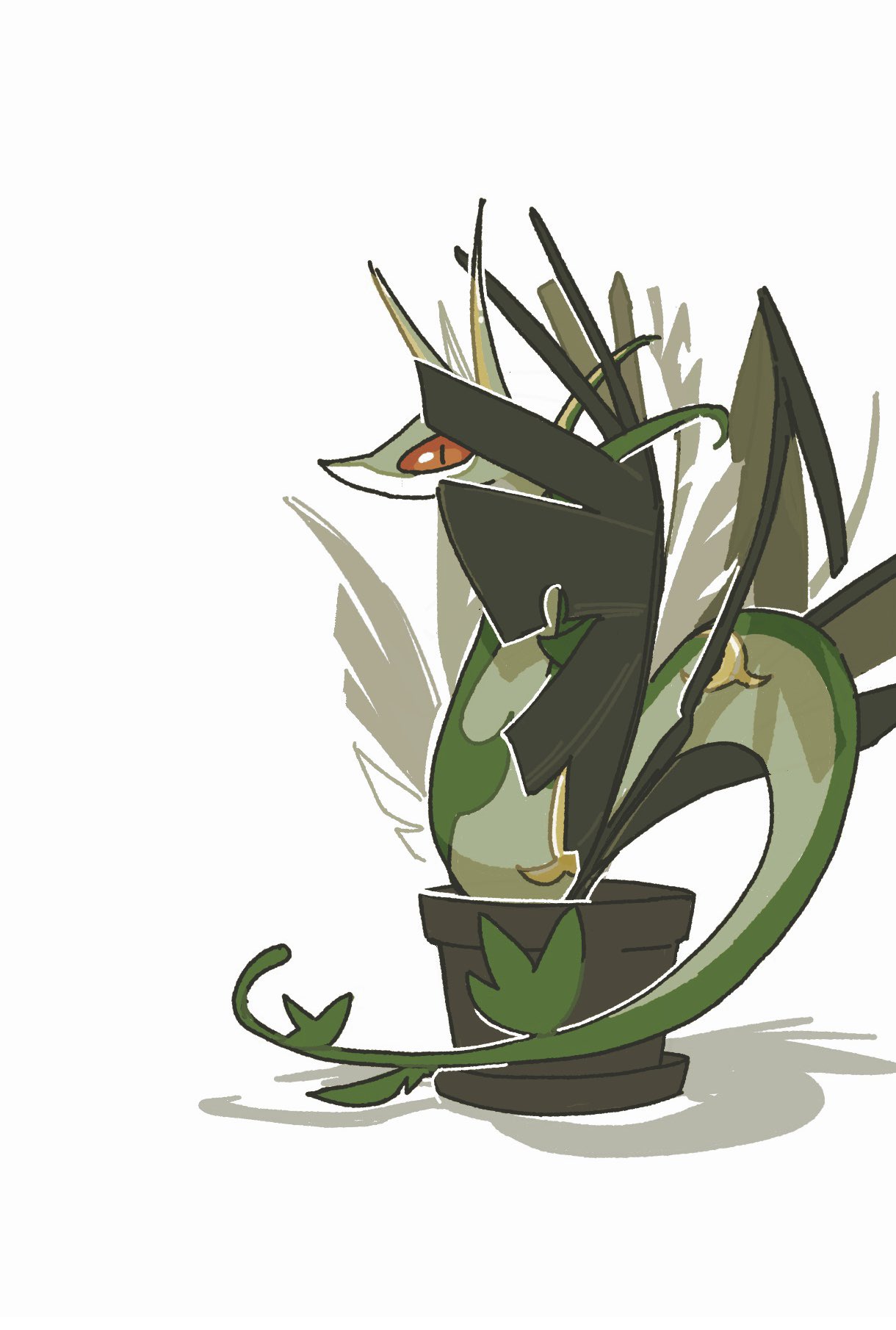 closed_mouth draw_pann33 flower_pot from_side gen_5_pokemon highres looking_at_viewer no_humans orange_eyes pokemon pokemon_(creature) serperior sideways_glance simple_background snake solo white_background