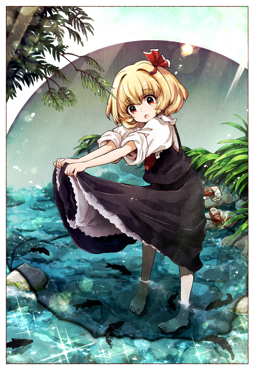 1girl black_dress blonde_hair collared_shirt cravat dress hair_ribbon highres mizumoto_tadashi red_eyes red_neckwear red_ribbon ribbon rumia shirt short_hair solo touhou white_shirt youkai