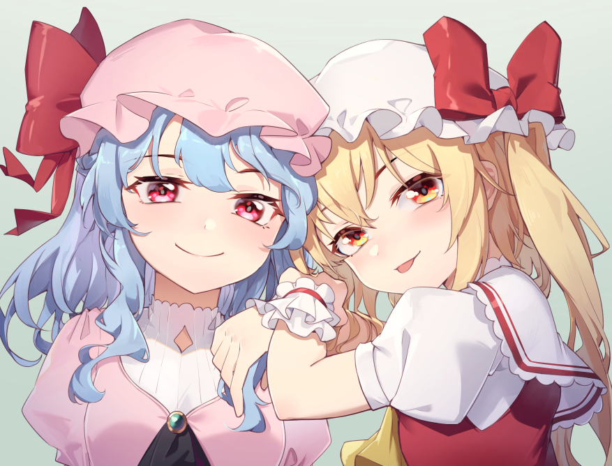 2girls bangs black_neckwear blonde_hair blue_hair bow closed_mouth collar dress eyebrows_visible_through_hair flandre_scarlet gem gradient gradient_background grey_background hair_between_eyes hands_on_another's_shoulders hands_up hat hat_bow jewelry ling_huanxiang looking_at_viewer medium_hair mob_cap multiple_girls pink_dress pink_eyes pink_headwear pink_sleeves ponytail puffy_short_sleeves puffy_sleeves red_bow red_dress remilia_scarlet short_hair short_sleeves simple_background smile tongue tongue_out touhou white_collar white_headwear white_sleeves wrist_cuffs yellow_eyes yellow_neckwear