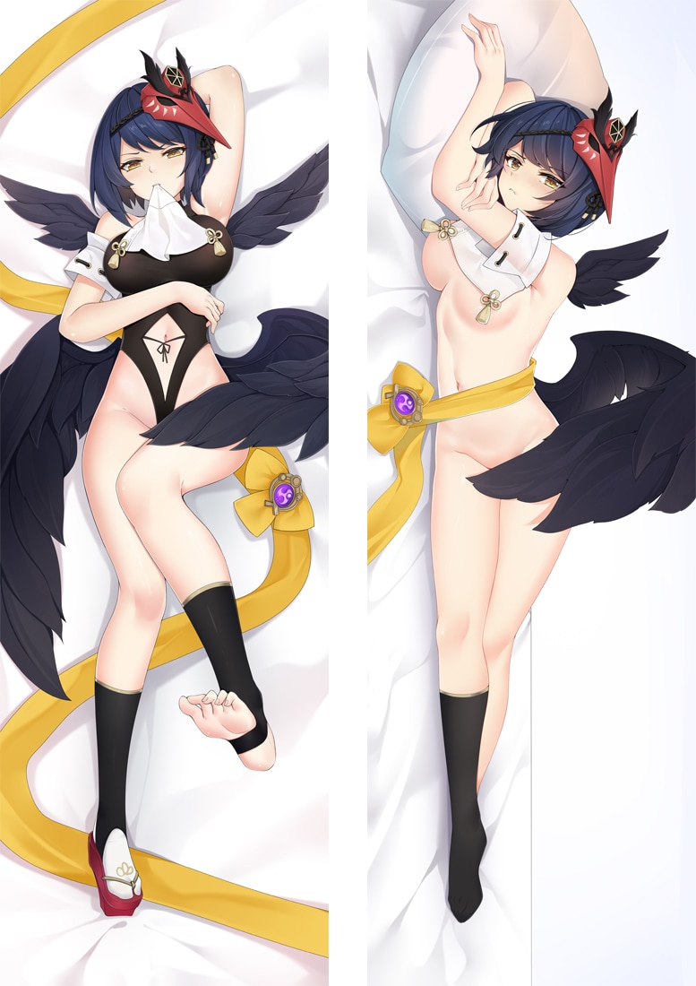 1girl arm_up armpits asymmetrical_hair bangs barefoot bird_mask bird_wings black_bodysuit black_gloves black_legwear black_wings blush bodysuit breasts closed_mouth collarbone convenient_censoring crop_top crop_top_overhang dakimakura_(medium) dark_blue_hair feathered_wings genshin_impact gloves kujou_sara lifted_by_self looking_at_viewer lying mask mask_on_head medium_breasts moeanime mouth_hold multiple_wings navel no_bra on_bed on_side pillow sandals sash shoes single_shoe socks solo stomach tabi tassel tengu_mask thighs under_boob vision_(genshin_impact) wings yellow_eyes yellow_sash
