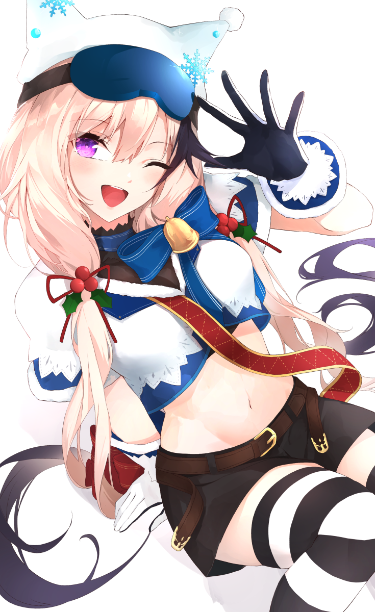 1girl ankoro_mochi arknights black_gloves black_shorts blonde_hair cardigan_(arknights) cardigan_(cheerful_guardian)_(arknights) crop_top gloves hair_between_eyes hair_ornament hat highres holly_hair_ornament long_hair looking_at_viewer low_twintails midriff navel official_art one_eye_closed open_mouth shirt short_shorts shorts ski_goggles smile solo striped striped_legwear thigh-highs twintails two-tone_gloves violet_eyes waving white_headwear white_shirt