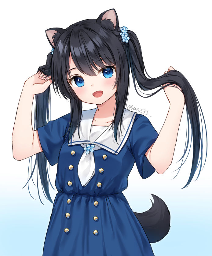 1girl :d animal_ear_fluff animal_ears anz32 black_hair blue_background blue_dress blue_eyes blue_flower commentary_request dog_ears dog_girl dog_tail dress flower gradient gradient_background hair_flower hair_ornament hands_up head_tilt holding holding_hair long_hair open_mouth original sailor_collar sailor_dress short_sleeves smile solo tail twintails twitter_username very_long_hair white_background white_neckwear white_sailor_collar