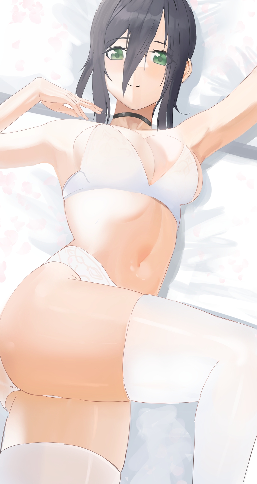 1girl albi armpits arms_up ass bare_shoulders black_choker black_hair bra breasts chainsaw_man choker green_eyes hair_between_eyes highres looking_at_viewer lying medium_breasts navel on_back panties reze_(chainsaw_man) short_hair solo stomach thigh-highs underwear underwear_only white_bra white_legwear white_panties