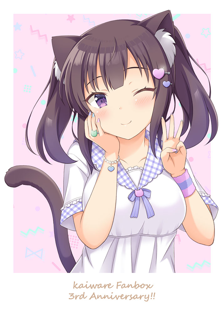 1girl ;) animal_ears anniversary bangs black_hair blue_nails blush bracelet breasts cat_ears cat_girl cat_tail closed_mouth commentary_request dress eyebrows_visible_through_hair hair_ornament hairclip hands_up heart heart_hair_ornament jewelry kaiware-san looking_at_viewer medium_breasts multicolored multicolored_nails nail_polish one_eye_closed original pearl_bracelet plaid pleated_dress purple_nails short_sleeves smile solo sweatband tail tail_raised twintails violet_eyes w white_dress wristband