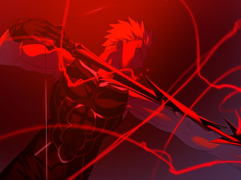 archer armor aura backlighting bow_(weapon) fate/hollow_ataraxia fate/stay_night game_cg male manly muscle night red solo spoilers takeuchi_takashi type-moon weapon