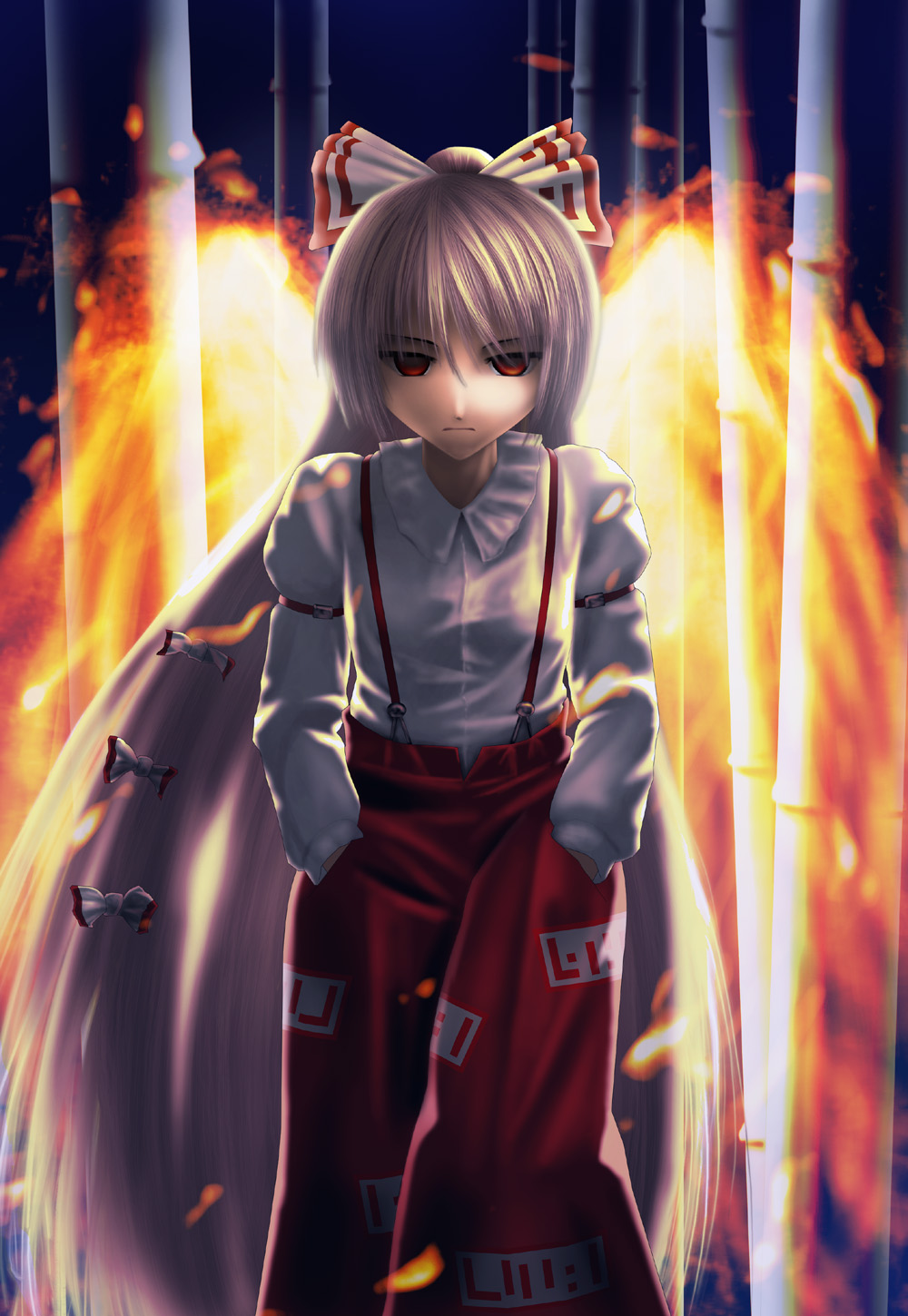 bamboo bamboo_forest empty_eyes fiery_wings fire forest fujiwara_no_mokou glowing hair_ribbon hands_in_pockets highres long_hair nature niwatori_takeshi red_eyes ribbon silver_hair solo suspenders touhou very_long_hair walking wings