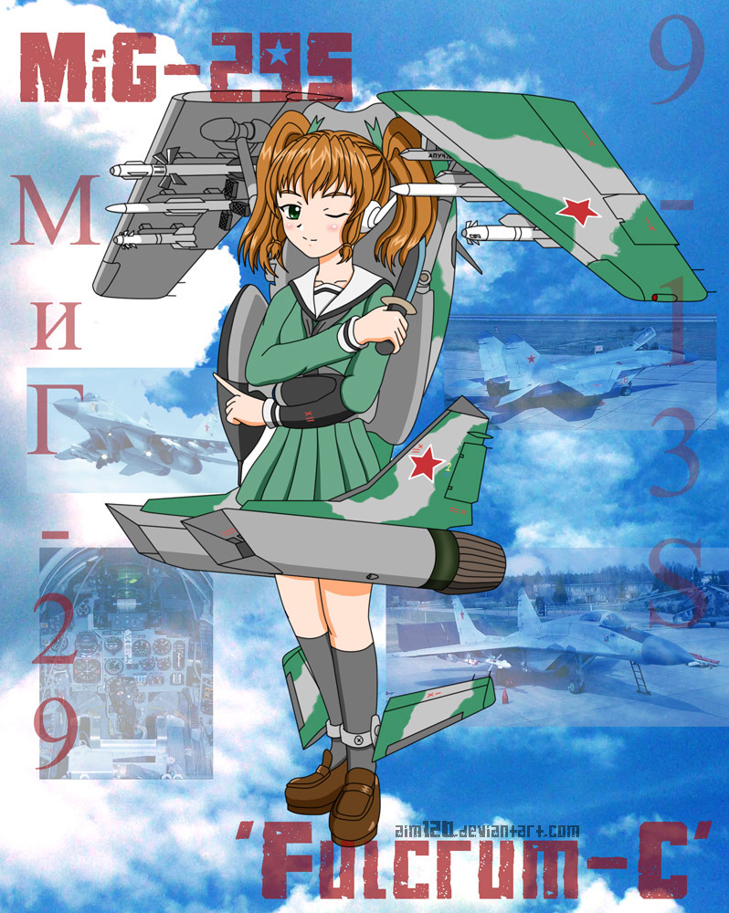 airplane foreigner_hostler jet knife mecha_musume mig-29 military photo russia school_uniform sky twintails weapon wink