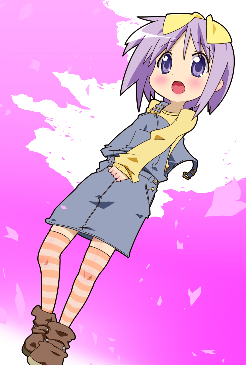 from_below highres hiiragi_tsukasa lucky_star overalls pink_legwear purple_eyes purple_hair short_hair striped striped_legwear tea_(084630000) thigh-highs thighhighs violet_eyes